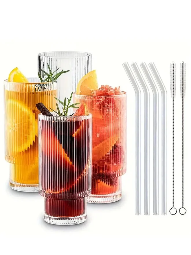 1 تشيس 1CHASE Set of 4 - Ribbed Drinking Glasses with Glass Straws 450ml